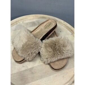 Aerie Shoes Womens Size 9 Tan Faux Fur Slip On‎ Slides Sandals Cozy Soft House